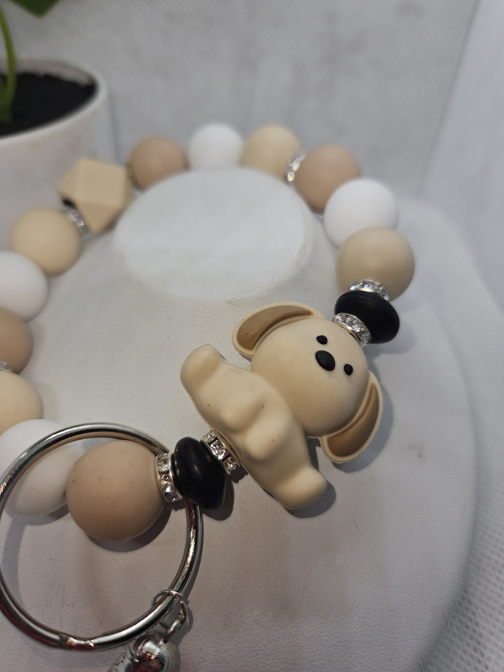 Beige & White Silicone Puppy Wristlet Keychain
